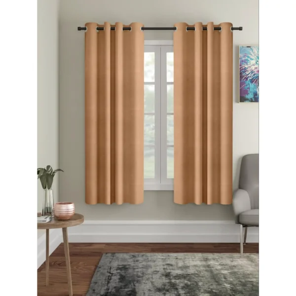 Beige blackout curtains for windows and doors, room darkening, sunlight blocking, premium fabric – chair not included.