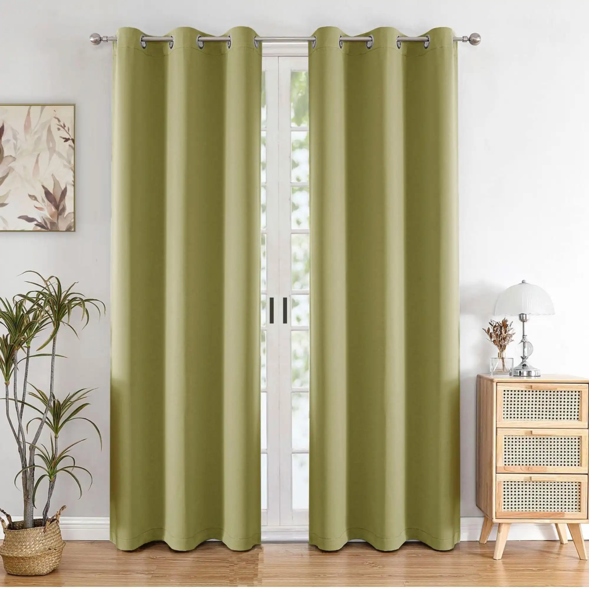 Olive green blackout curtains for windows and doors, room darkening, sunlight blocking, premium fabric – chair not included.
