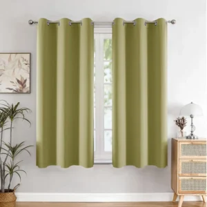 Olive green blackout curtains for windows and doors, room darkening, sunlight blocking, premium fabric – chair not included.