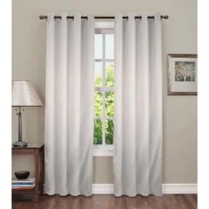 Grey blackout curtains for windows and doors, room darkening, sunlight blocking, premium fabric – chair not included.