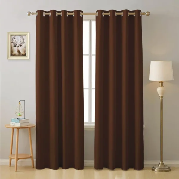 Brown blackout curtains for windows and doors, room darkening, sunlight blocking, premium fabric – chair not included.