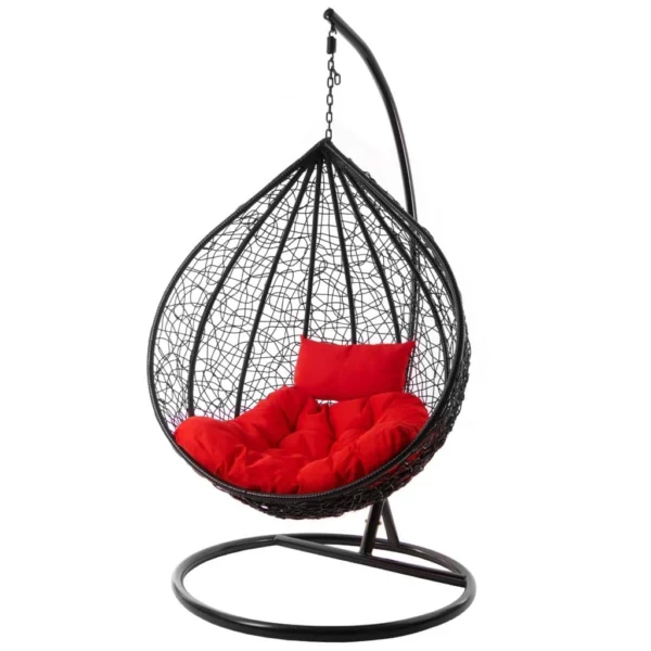 Red round cushion for balcony swing chair, microfiber filled, soft and durable for outdoor and indoor use – chair not included.