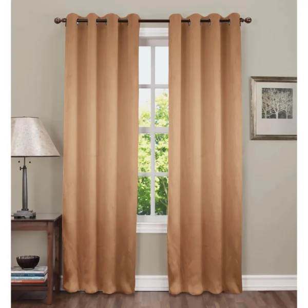 Beige blackout curtains for windows and doors, room darkening, sunlight blocking, premium fabric – chair not included.