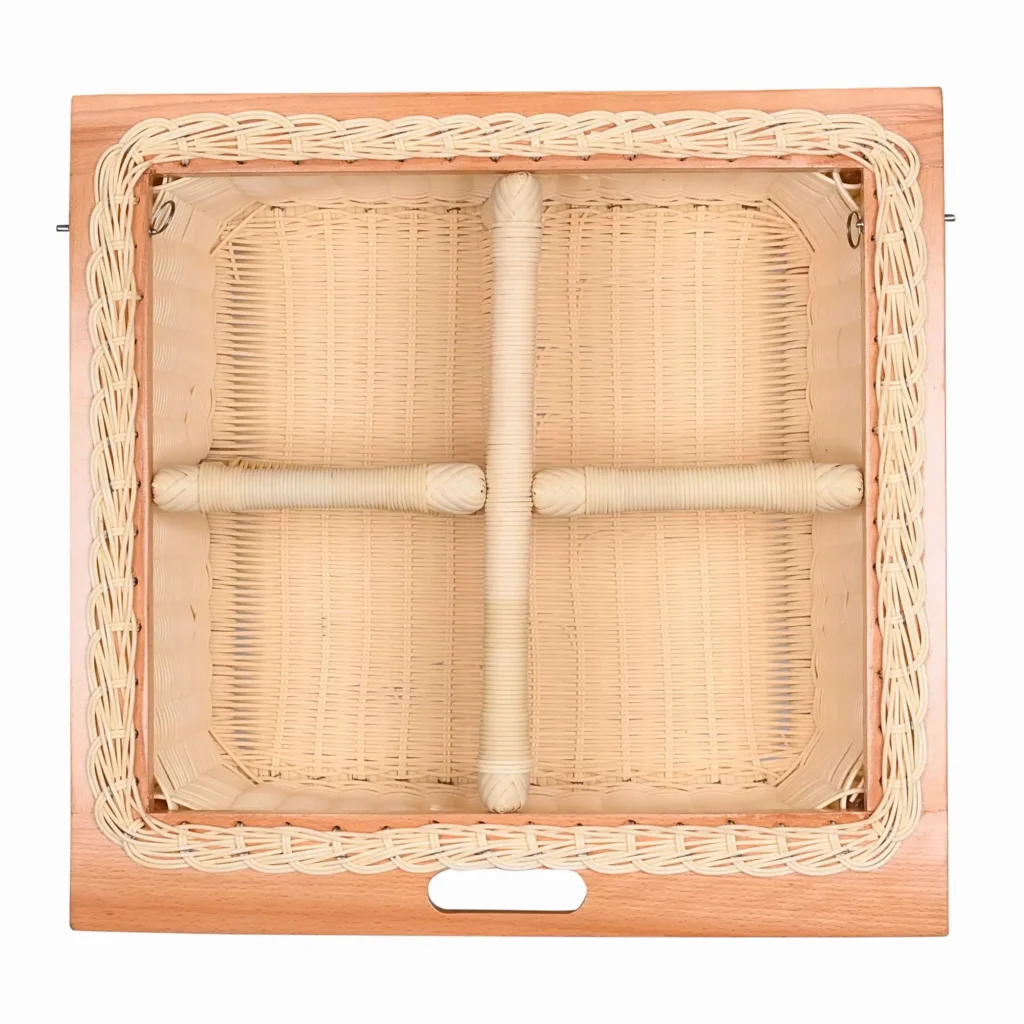 Beige PVC pull-out wicker basket with double partition for 600 mm 22 inch modular kitchen cabinet.