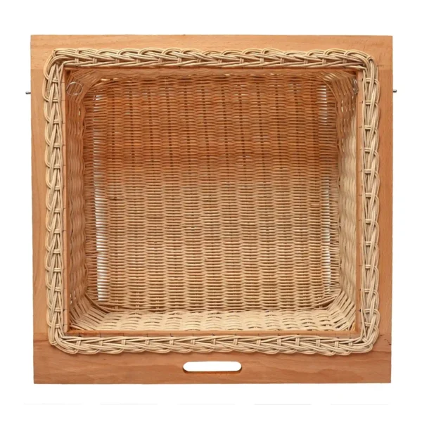 Rustic handwoven cane wicker basket for modular kitchen for storage vegetables & fruits crafted from natural cane and wood, suitable for storage, decoration, or carrying items.