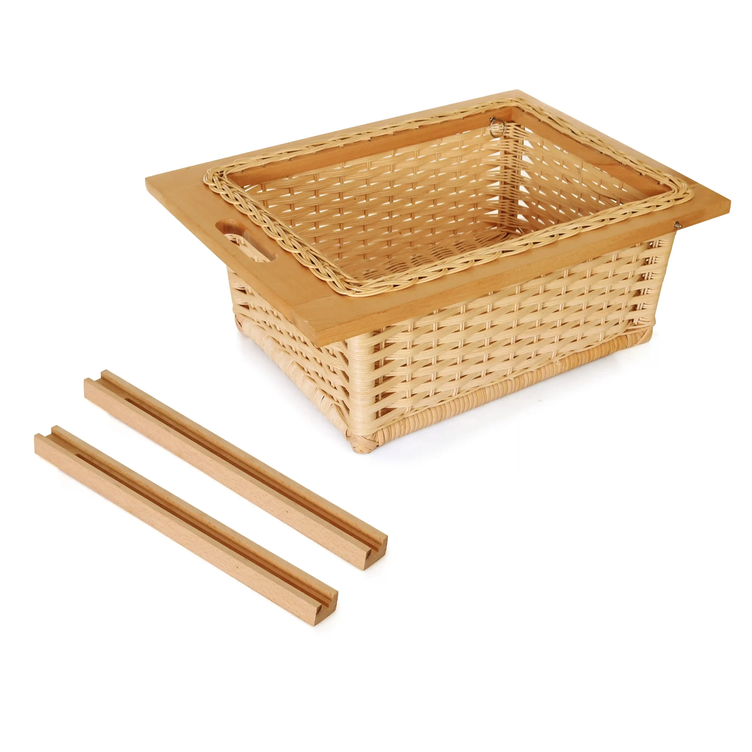 Rustic handwoven cane wicker basket for modular kitchen for storage vegetables & fruits crafted from natural cane and wood, suitable for storage, decoration, or carrying items.